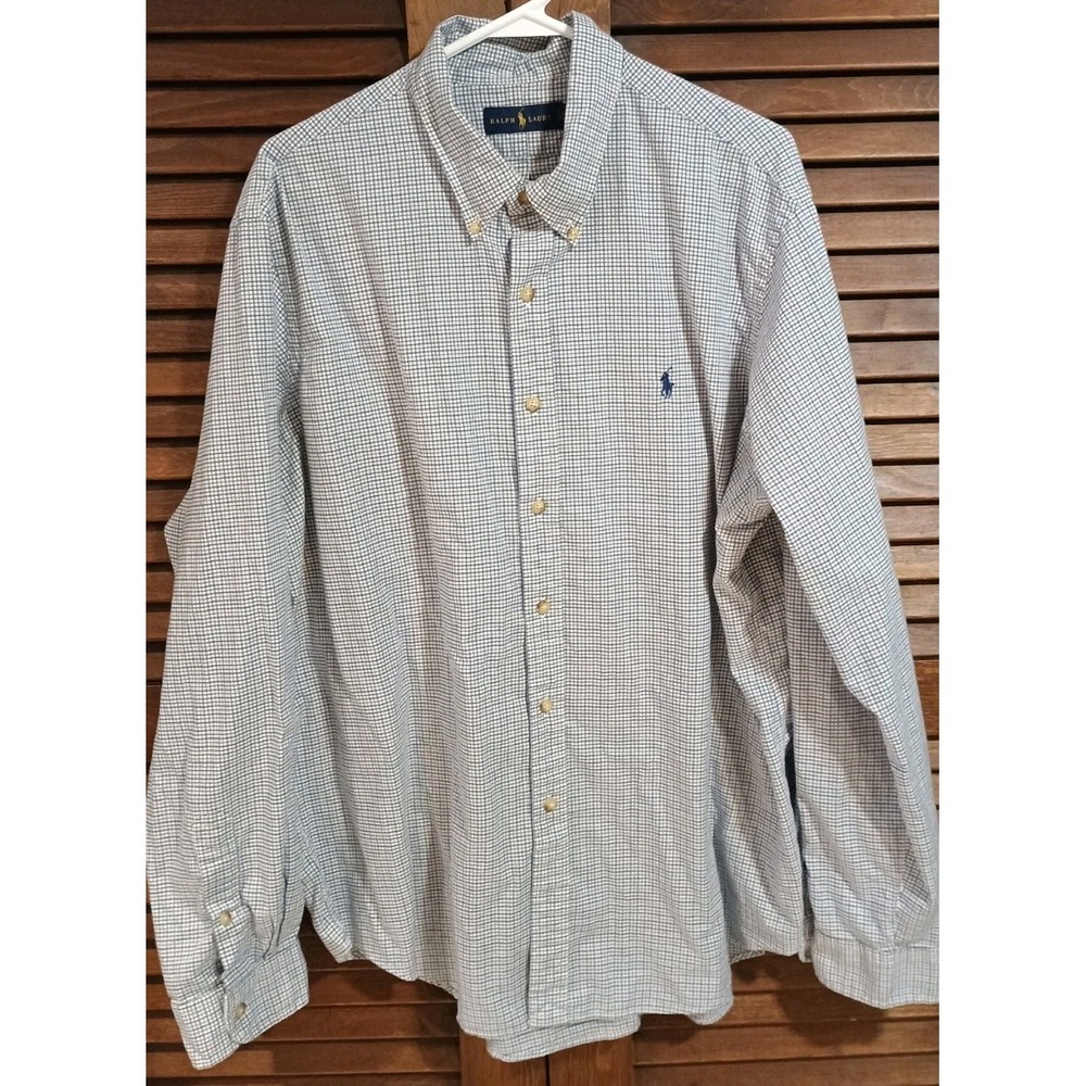 Ralph Lauren Shirt Mens Classic Button Down Blue Brown Check Size Large